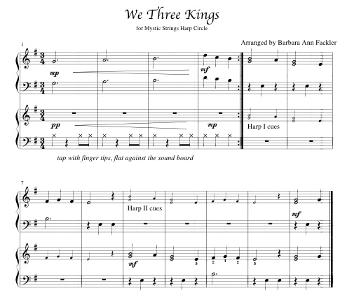 We Three Kings ~ sheet music for two or more harps