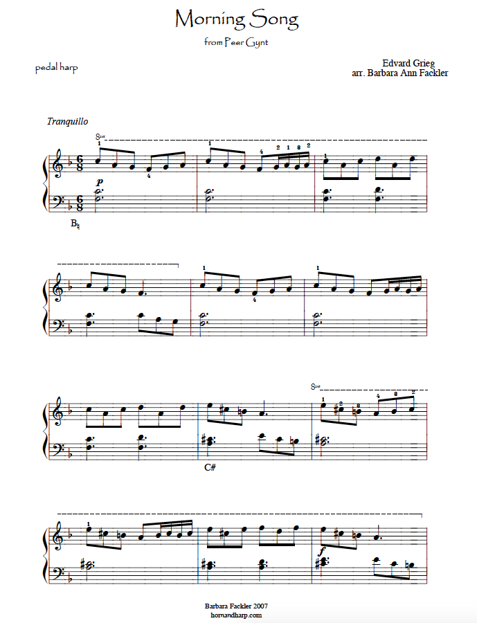  Grieg Morning Song PEDAL HARP ARRANGEMENT ~ harp sheet music