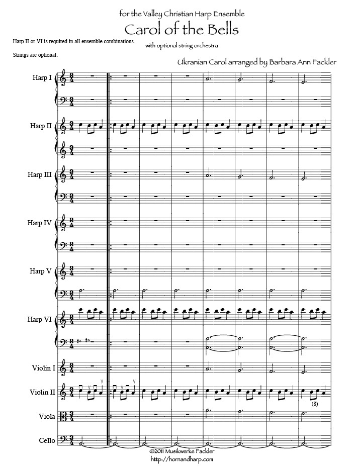 harp ensemble sheet music: Ukrainian Bell Carol arrangement ~ full score and parts