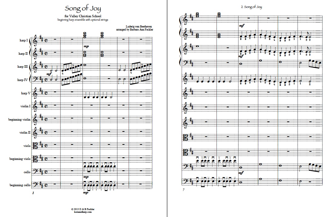 sheet music ~ Beethoven's Song of Joy ~  lever harp circle music