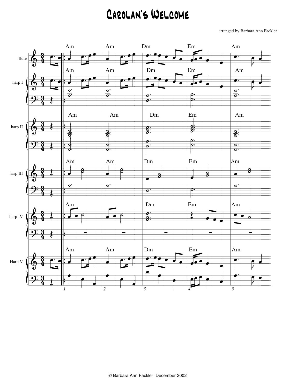 harp ensemble: Carolan's Welcome multi level harp arrangement sheet music full score and parts